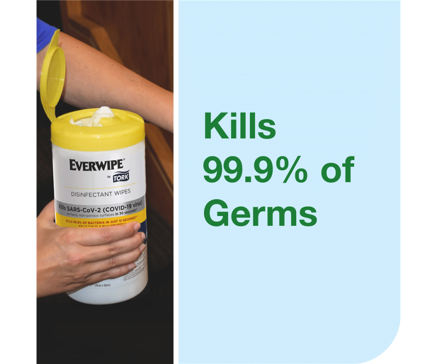 A person holding a container of disinfectant wipes with text stating 'Kills 99.9% of Germs' on a blue background. Everwipe® Disinfectant Wipe Canisters (7.01 in. x 3.39 in., 75 Wipes/Cannister, 450 Wipes/Case)